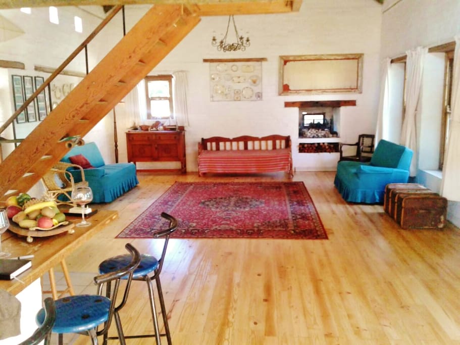 Open plan living space with oregon pine floors