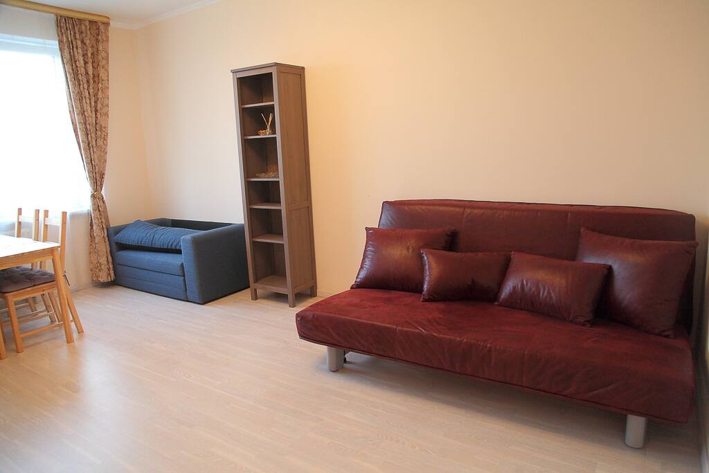 big living room with a large sofa-bed and a single sofa-bed