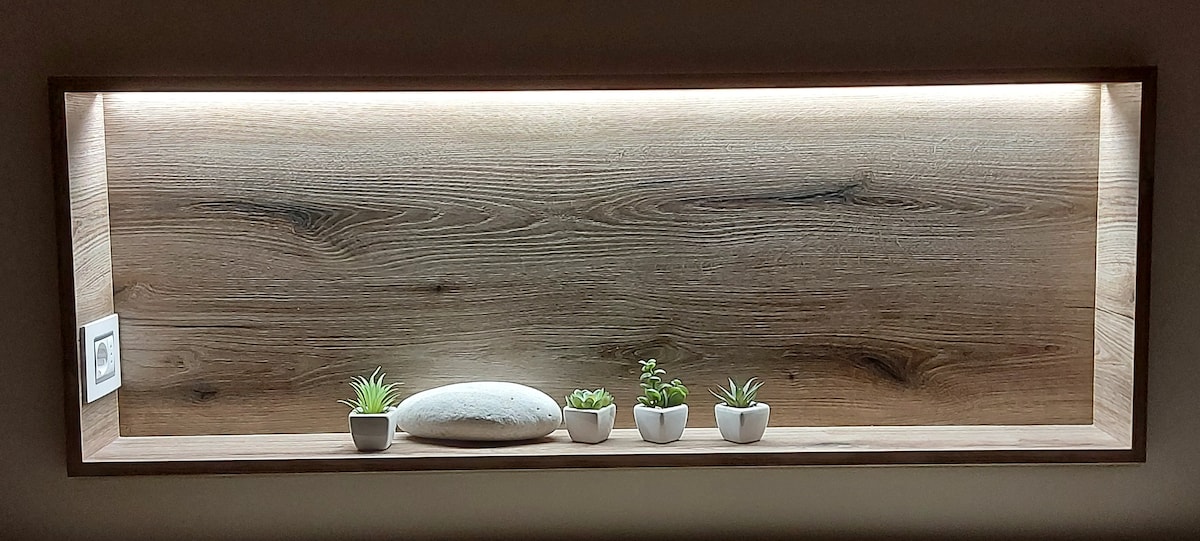 A wooden shelf is illuminated by soft lighting, showcasing five small potted plants and a smooth decorative stone. The design is minimalistic, with natural textures enhancing the serene appearance.