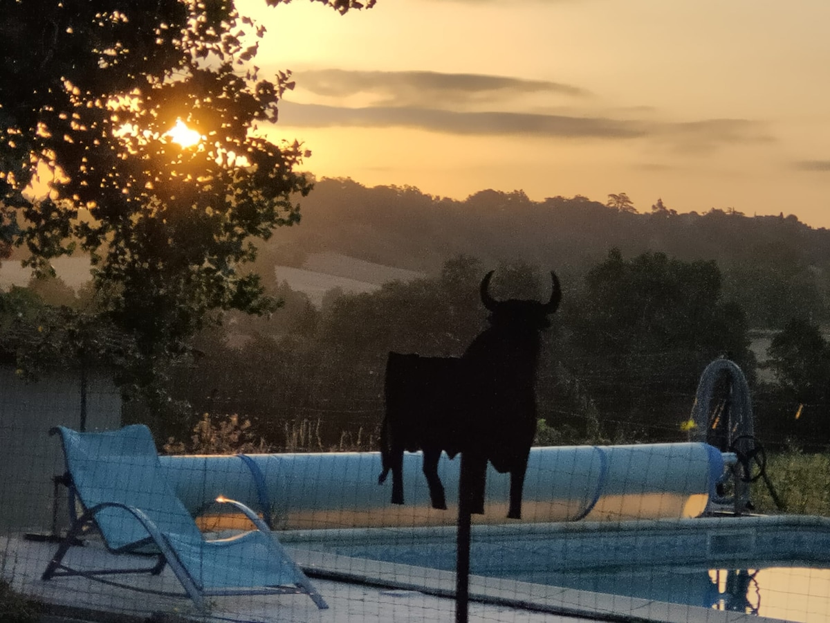 The image captures a serene sunset over a swimming pool, with silhouettes of a bull statue and lounge chairs visible. The soft glow of the sun sets against a backdrop of trees and rolling hills, providing a peaceful outdoor setting.