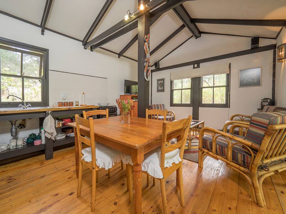 Open plan kitchen, dining room and lounge with DSTV