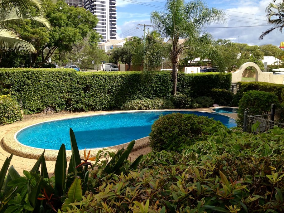 View of the sparkling pool and spa from the front balcony