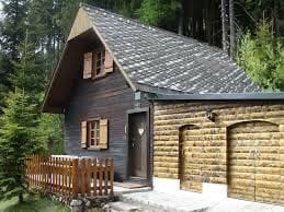 A charming wooden cabin is surrounded by lush greenery, featuring a sloped roof and a mix of dark and light wood tones. The front porch is enclosed by a low wooden fence, adding a rustic appeal. Two windows with shutters enhance the cabin's inviting exterior.