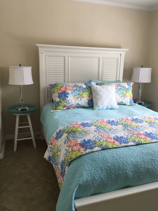 Bedroom with a queen size bed. Includes matching dresser, closet and T.V./cable/wifi. Owner has a locked trunk in the closet.