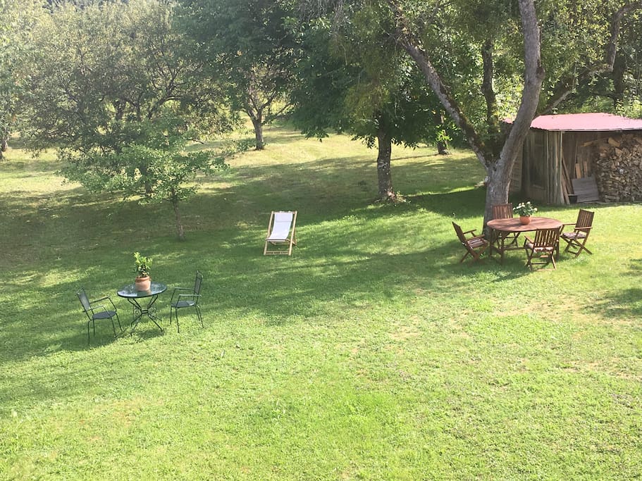 Blick vom Balkon auf den Garten
