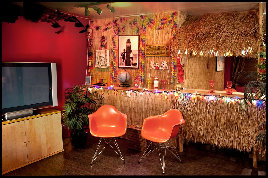 Giant flat screen and the Tiki Bar lights up at night and creates a great ambiance!