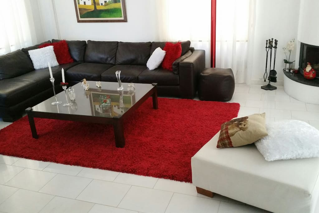 Modern living room with fireplace and lovely furniture. The living room is on the ground floor and is shared by all house tenants.