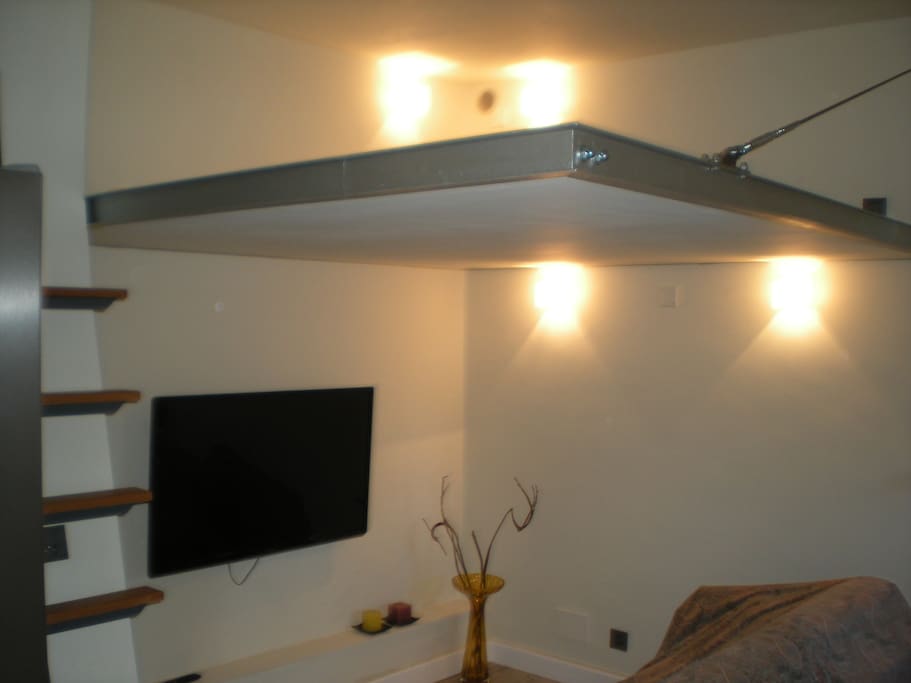 Living area with overhead loft bed