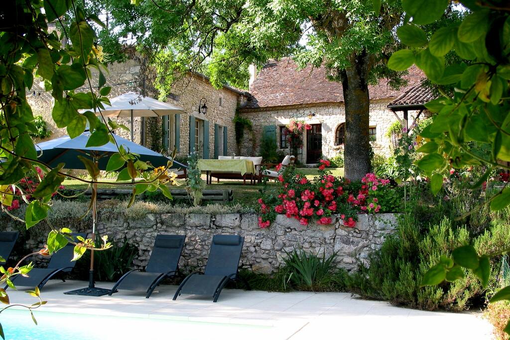 View from pool towards gîtes