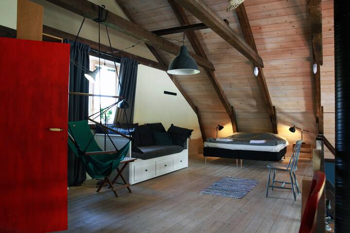 The loft with the masterbed to the right.