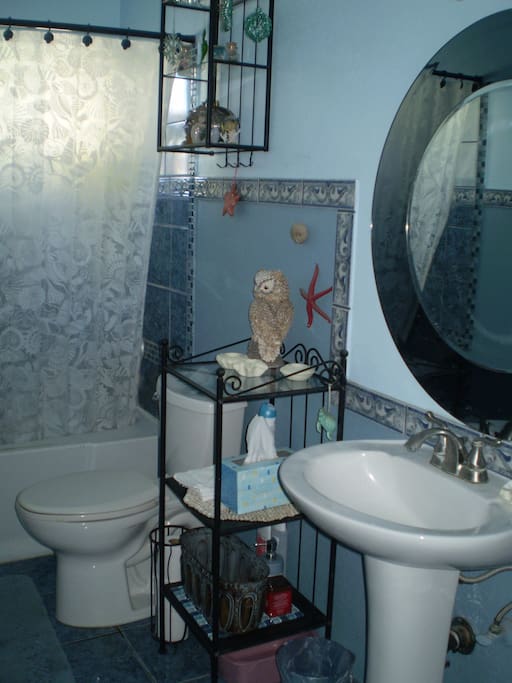 The main bathroom features a shower and bath, toilet, and a sink. There is also a half bath available.