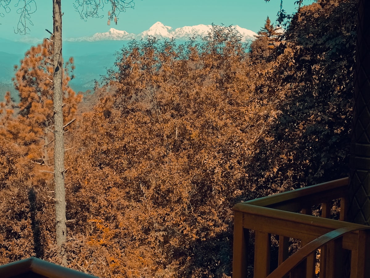 A view of the snow-capped Himalayan mountains is framed by vibrant autumn foliage. Various shades of orange and brown leaves cover the trees, creating a warm and inviting atmosphere. A wooden railing is visible in the foreground, highlighting the natural setting.