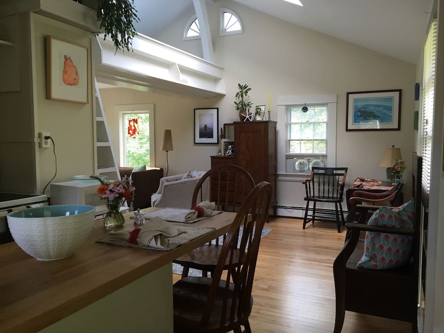 Bright, open concept living and dining areas. Great art, peaceful views and comfortable living space.