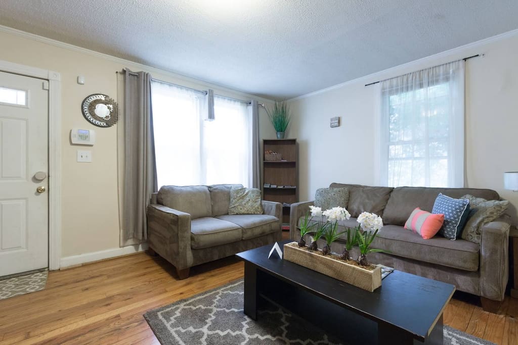 Living room and view of front door