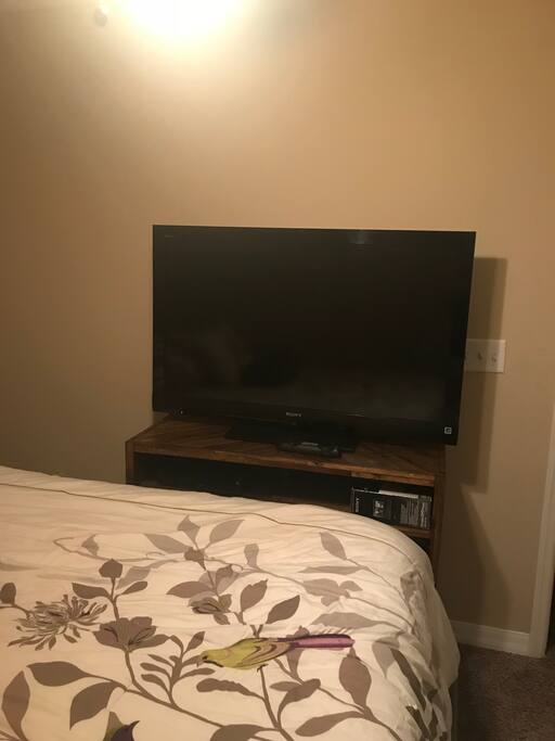 Big screen tv with cable. Lots of channels and room has fridge.