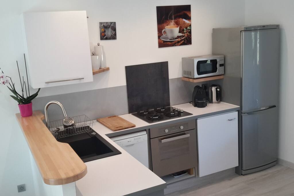 Cuisine ouverte avec: lave vaisselle, plaque de cuisson gaz, four, réfrigérateur, congélateur, four micro ondes, machine café à dosette nespresso, bouilloire