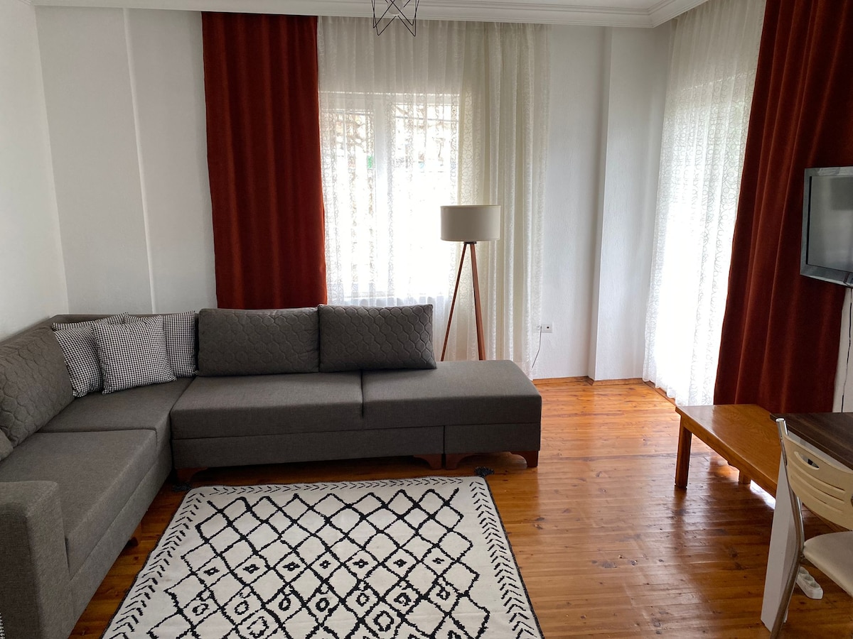 A spacious living area features a gray sectional sofa accompanied by decorative pillows. A light wooden coffee table sits on a patterned rug, with a window dressed in sheer curtains allowing natural light to brighten the room. A floor lamp and television provide functional comfort.
