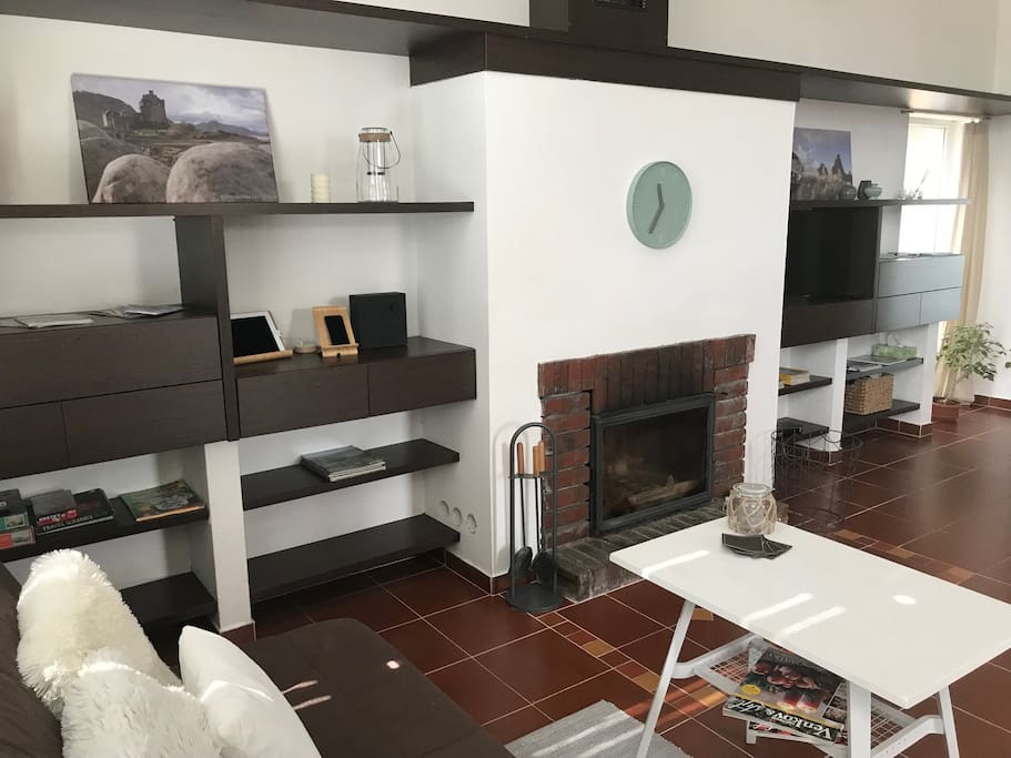 Living room with a fireplace