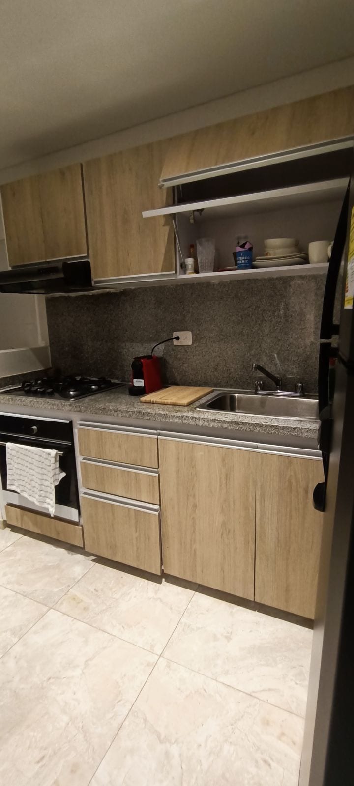 The kitchen space is outfitted with wooden cabinetry and a sleek countertop. A gas stove is positioned next to a stainless steel sink, while a cutting board rests on the counter. A refrigerator is visible on the right, adding to the functional layout.