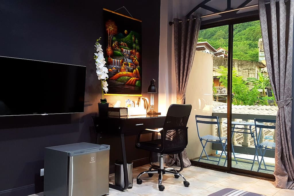 Our rooms are fitted with SMART LED T.Vs, work desks, power outlets, lighting lamps, comfortable chairs and mini fridge with complementary water, tea & coffee.