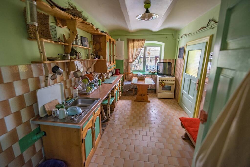 The kitchen space, 20 metres away and next to the entrance to the garden.