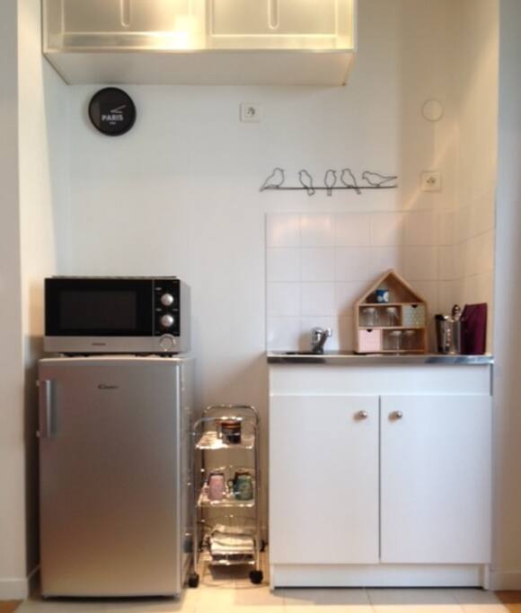 Coin cuisine avec réfrigérateur, four micro ondes gril, plaque vitrocéramique, cafetière, bouilloire...