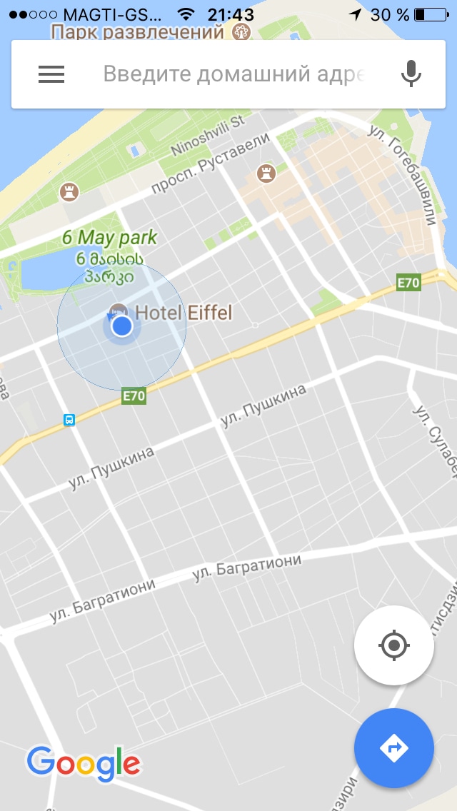 A map view displaying the location of Hotel Eiffel and surrounding landmarks, including 6 May Park. Streets and routes are clearly visible, indicating the proximity to the park and other areas of interest.