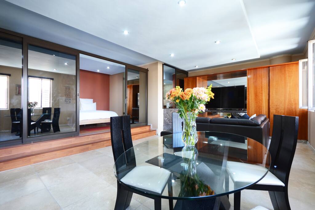 Privacy bedroom with the glass door, executive look open plan living