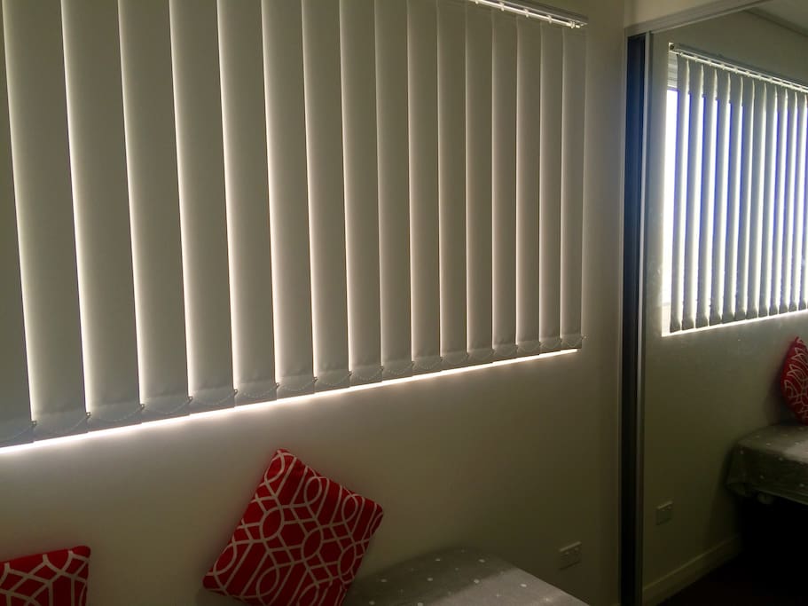 Blinds, if opened lights up the whole room with sunlight