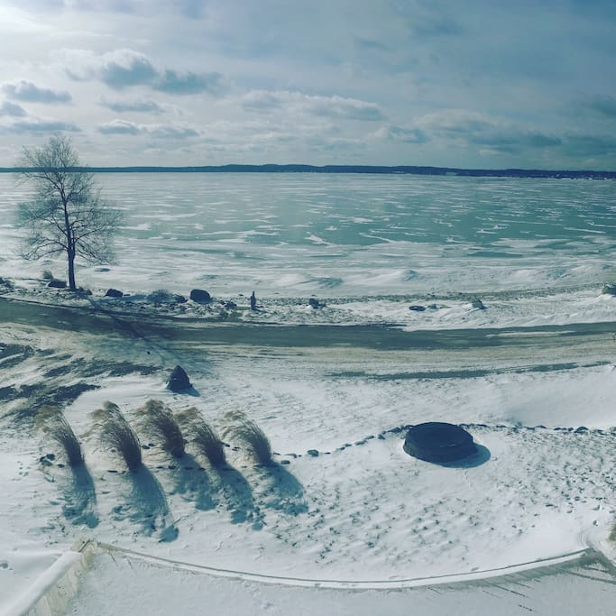 Panoramic lake view from master suite upper deck - winter