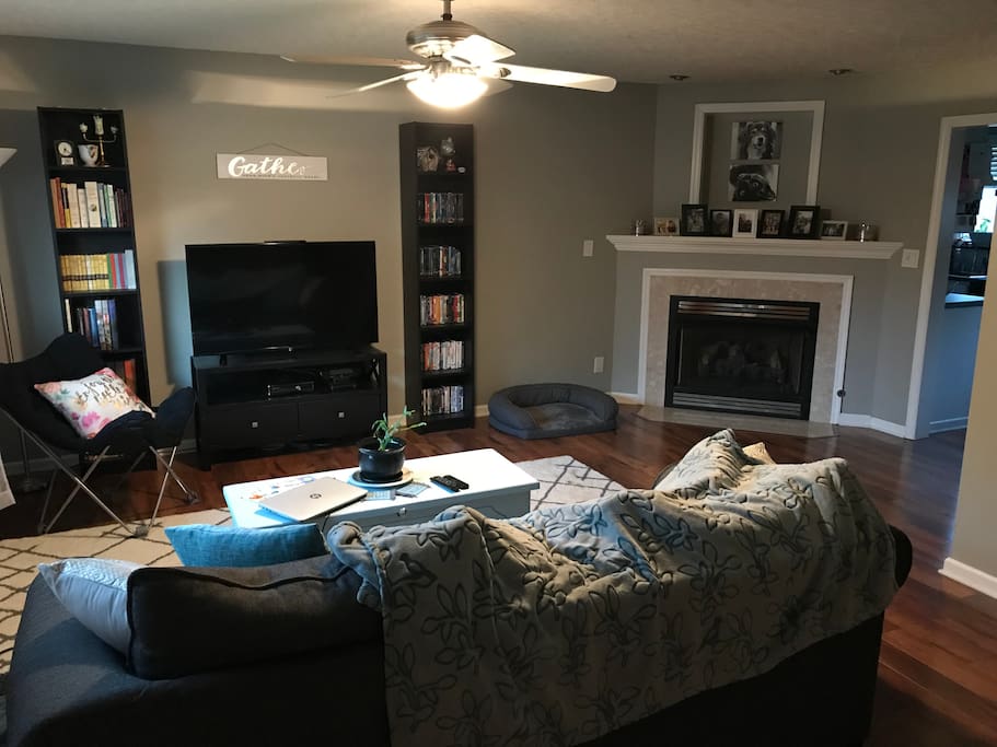 Shared living room space with working fireplace and online tv service (Netflix, Hulu, etc.)