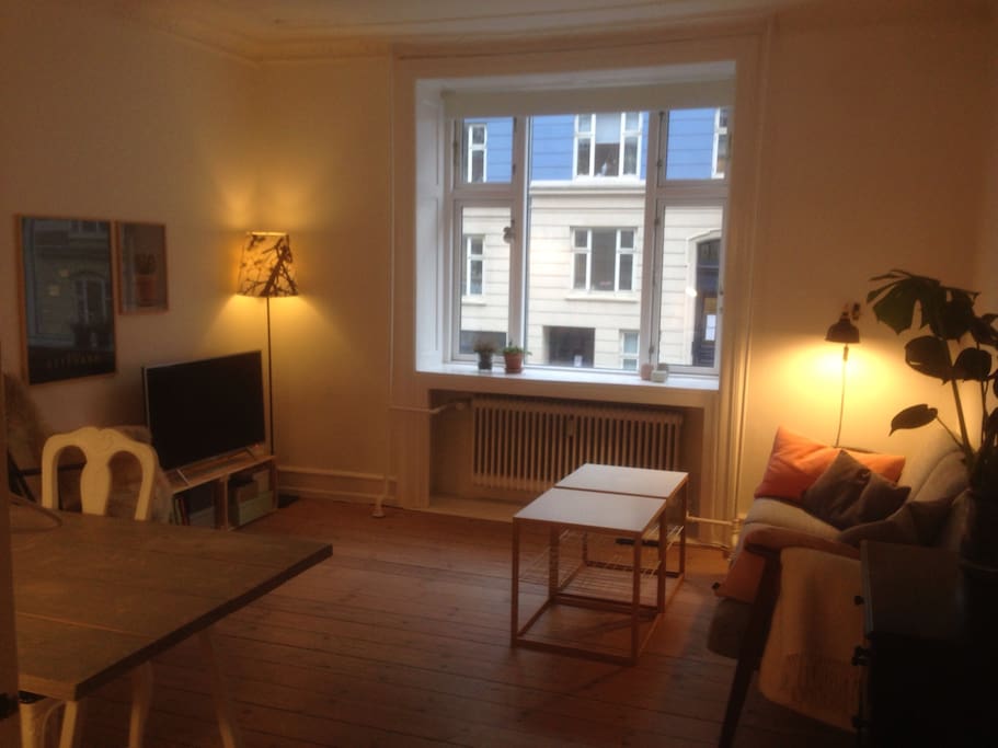 Den hyggelige stue med sofa, tv og spisebord