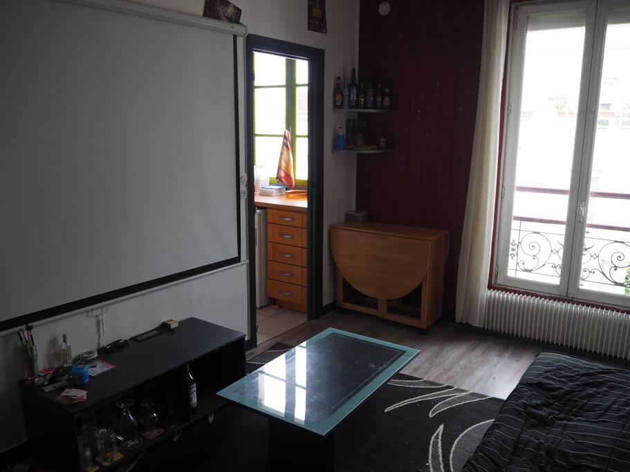 Pièce commune : salon lumineux avec canapé dépliable, rétroprojecteur et écran déroulant, table basse.