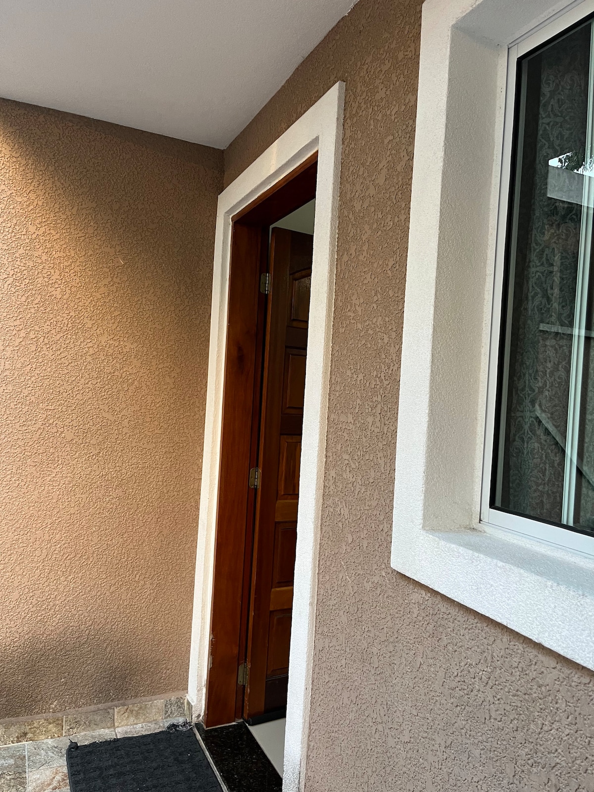 The entrance to the residence is framed by a textured, light-beige wall. A wooden door with a panel design offers access inside, while a clean window beside it provides natural light. A dark mat lies at the base of the door.