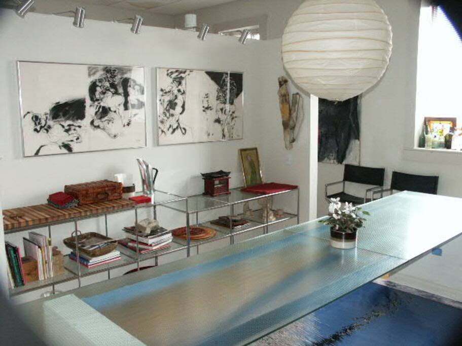Dinning area, unique table is like a bridge over a lily pond.