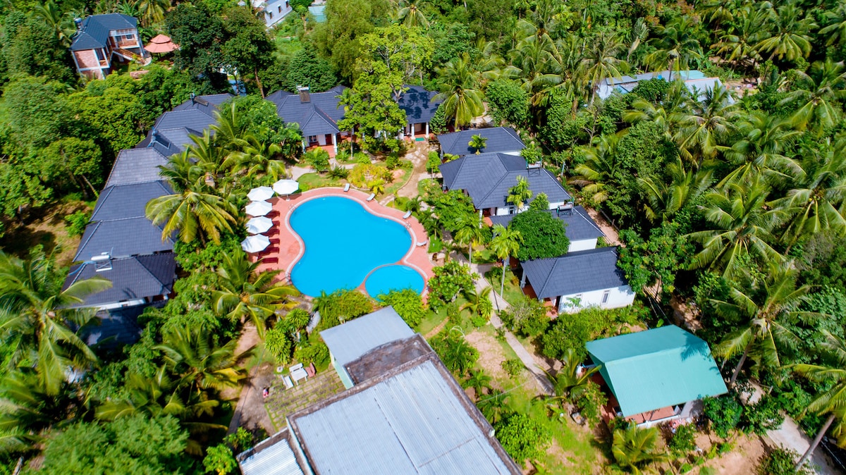 An aerial view reveals a resort nestled among lush greenery, featuring a circular swimming pool surrounded by palm trees. Several poolside sunbeds are arranged neatly, while individual cottages can be seen scattered throughout the property, each with dark roofs that contrast with the vibrant landscape.