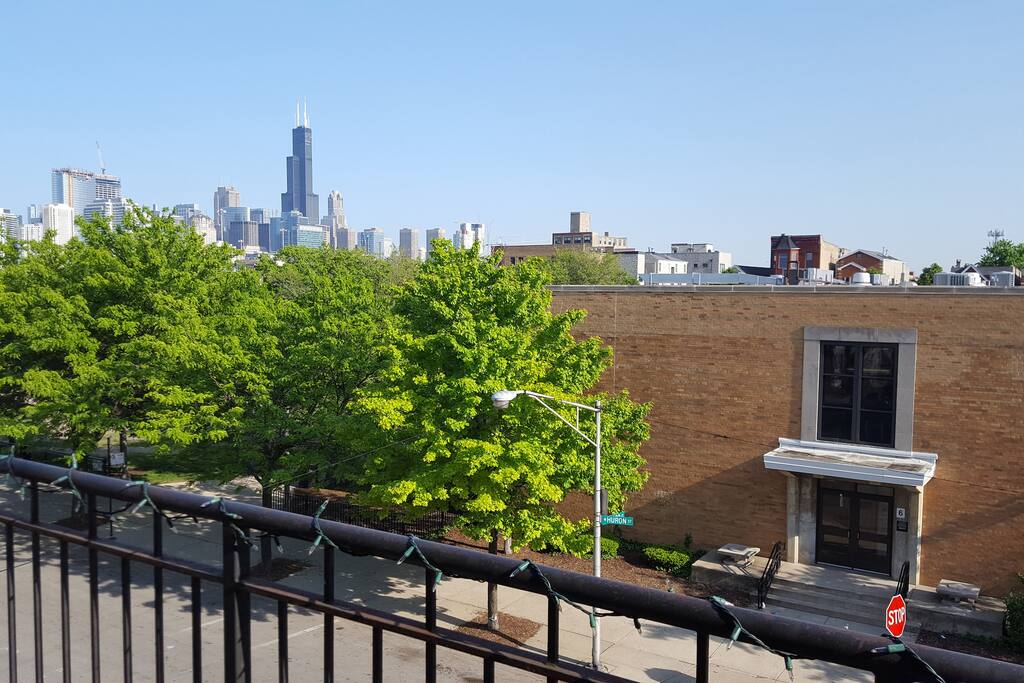 Skyline view with trees and the Willis Tower.