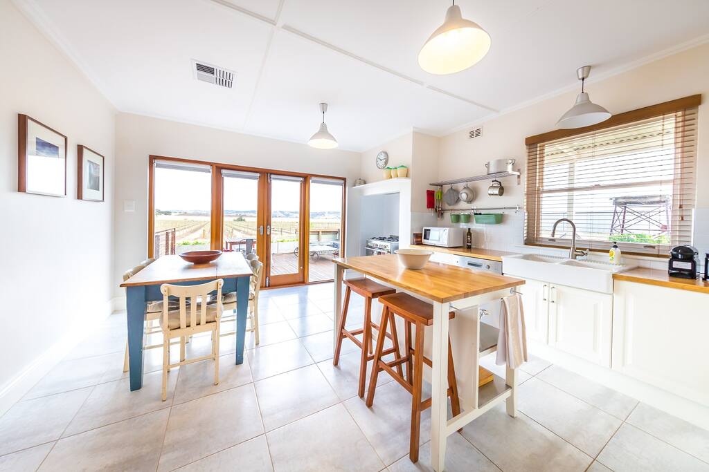 Newly renovated kitchen opens u to an outdoor deck