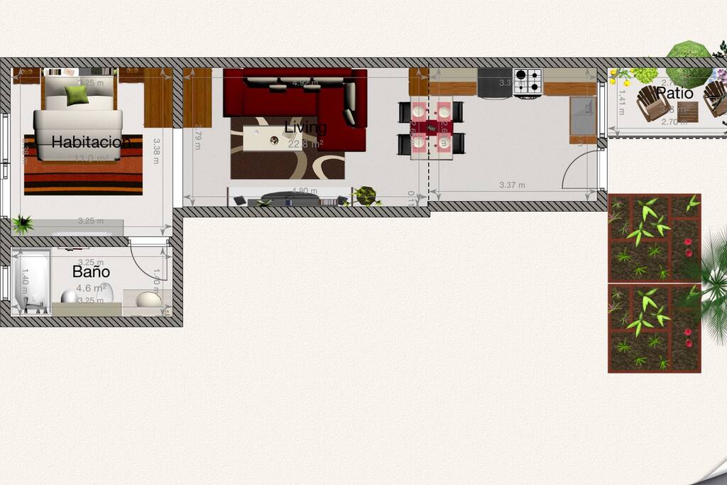 Dpto 40 mts2
Cocina completa
Living comedor
Habitación
Baño