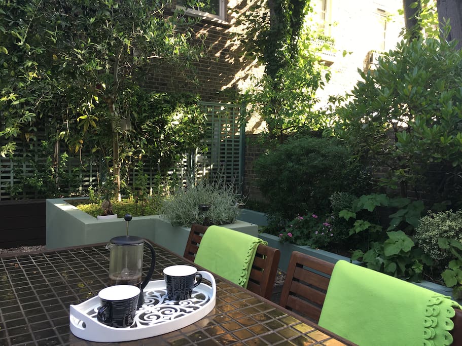 On the sunny morning enjoy cup of coffee in the garden listening to bird's singing...