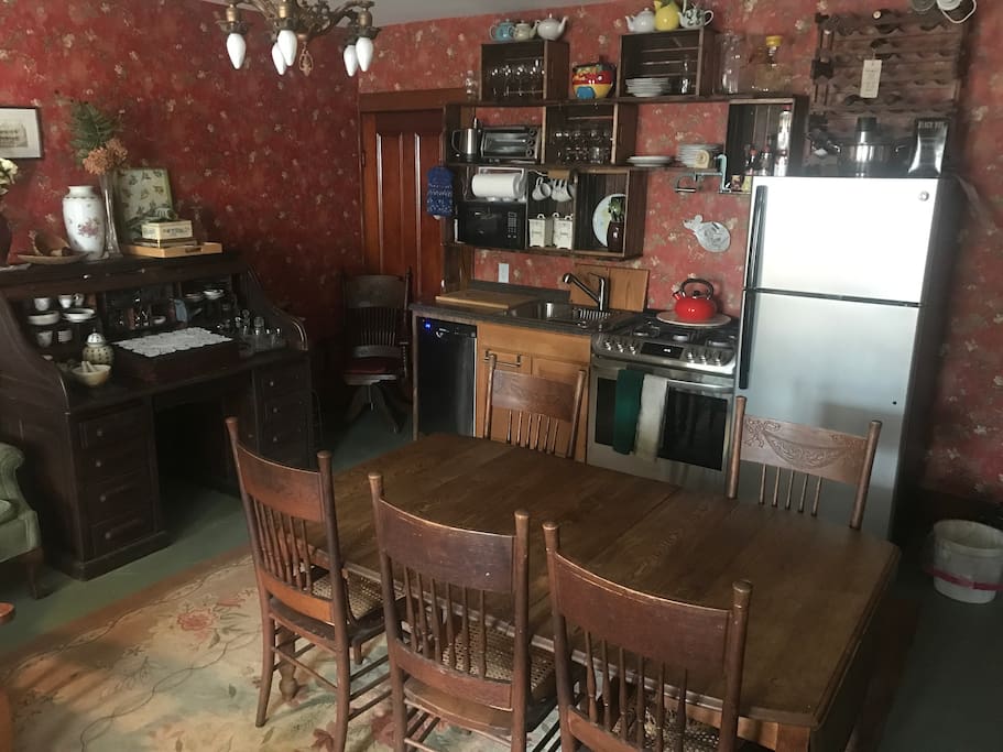 Enjoy preparing your own meals in this small kitchen.