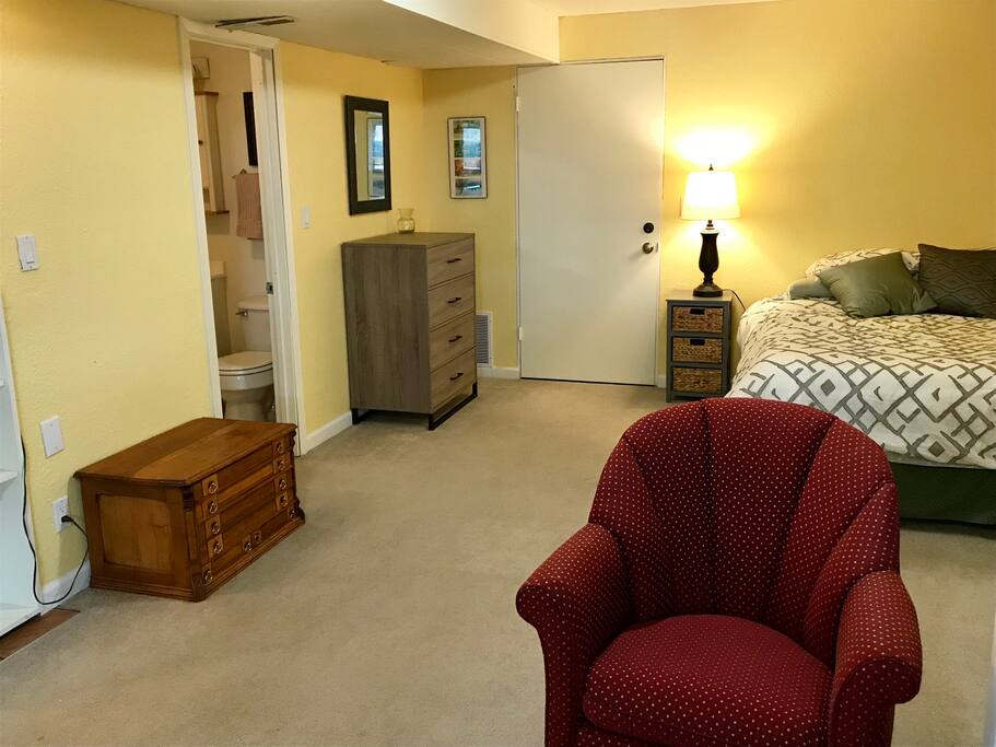 Queen sized bed and private bathroom