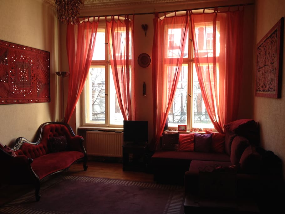 Living room with desk (unpictured) and comfortable sofabed