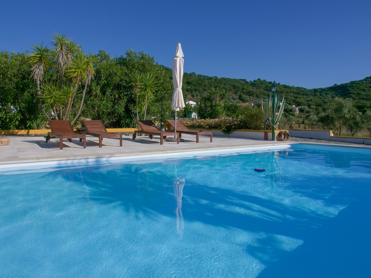 A serene outdoor pool area is presented, featuring a clear blue water surface reflecting the sky. Several wooden lounge chairs are arranged around the pool, accompanied by a white umbrella for shade. Lush greenery surrounds the space, enhancing the tranquil setting.