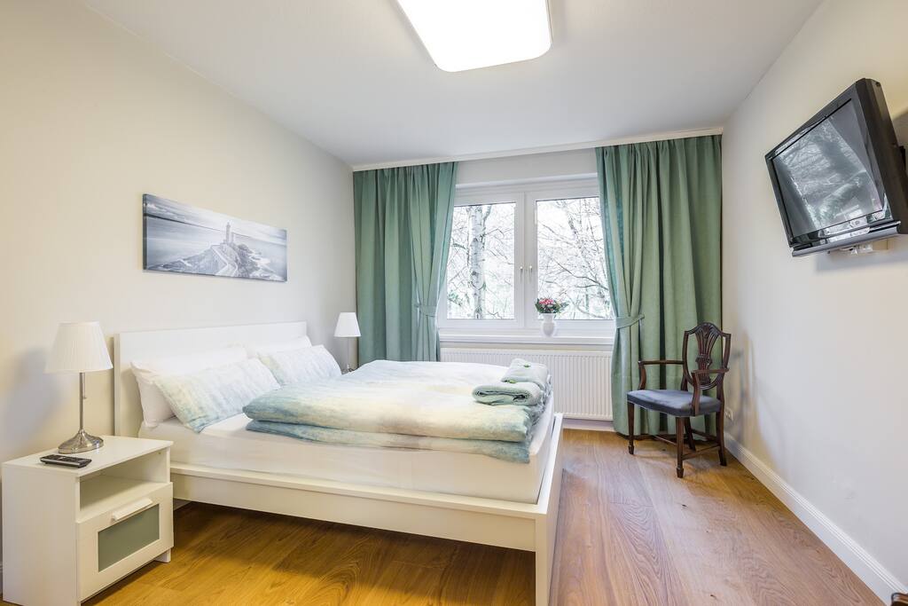 Master bedroom with Smart TV and views of the park