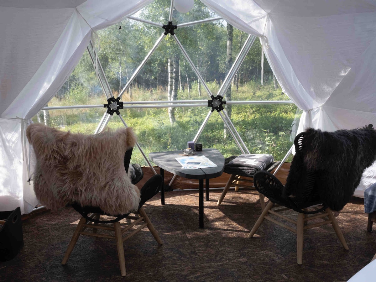 A geodesic dome interior features two chairs adorned with plush fur throws, arranged around a small table. Natural light floods the space through large, clear windows, offering views of the green foliage outside.