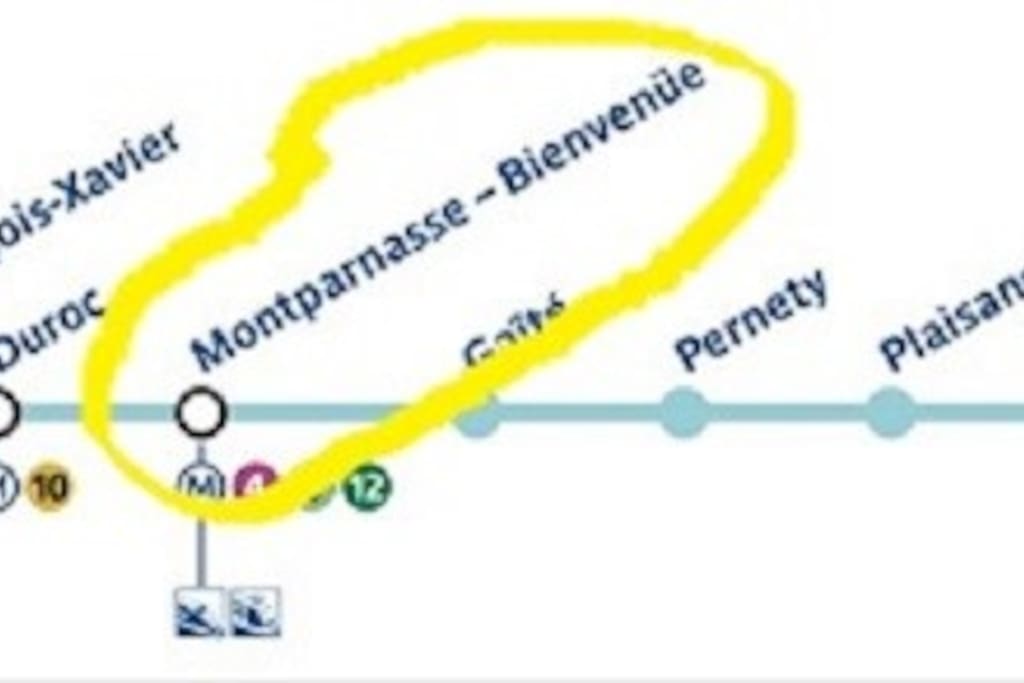 Direct Montparnasse (10', 7 stations) , Champs Elysées (15' Metro, 12 stations)