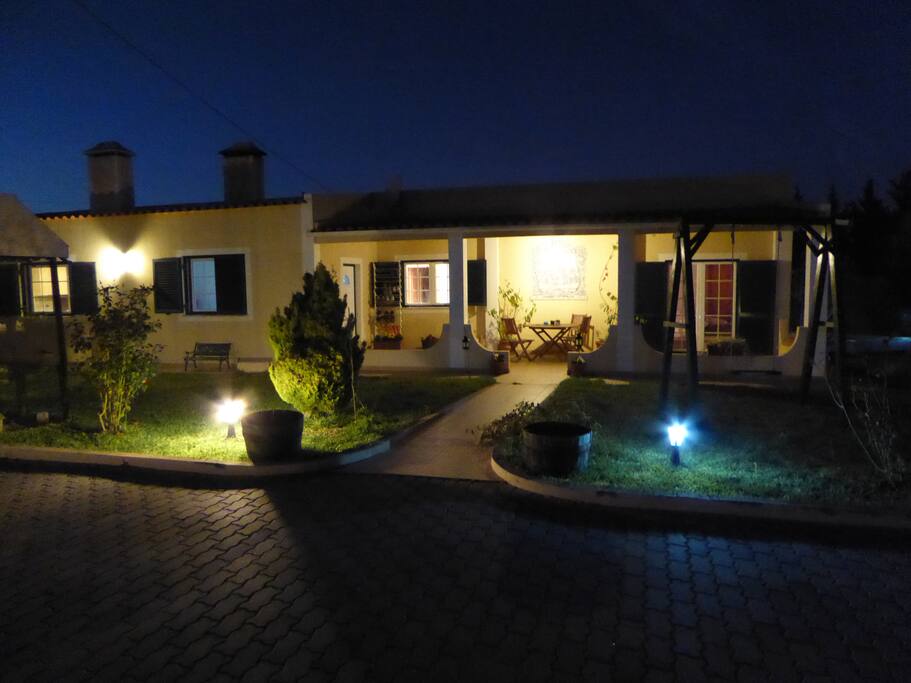 Villa at night.