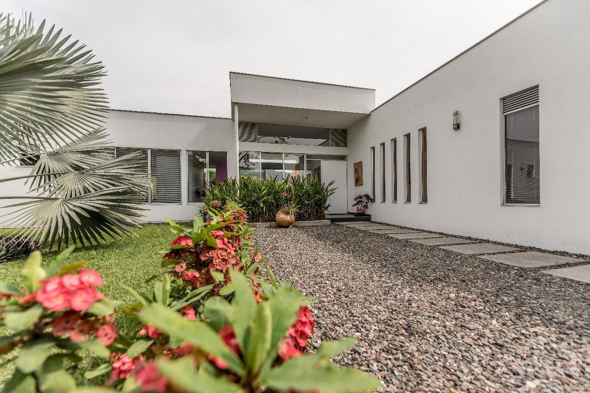 The exterior of the house showcases a modern design with a white façade and large windows. A pathway of smooth stones leads to the entrance, surrounded by manicured greenery and colorful flowers, providing a welcoming approach to the property.