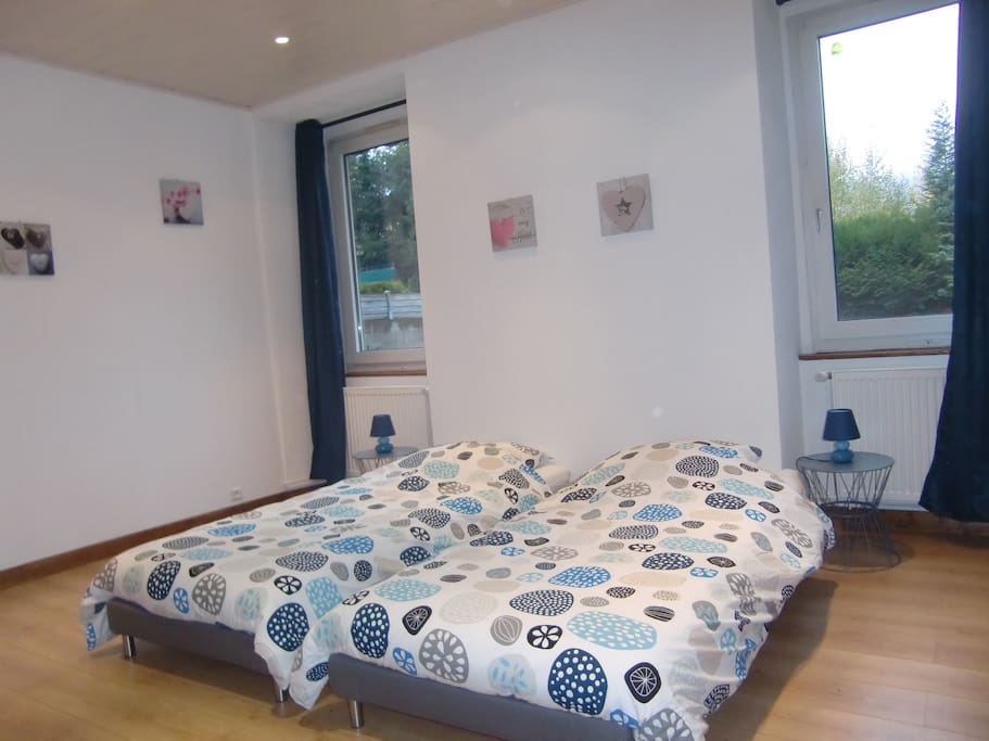 Grande chambre 2 lits de 90X200 que l'on peut réunir pour faire 1 lit de 180X200 et 1 lit de 90X190.